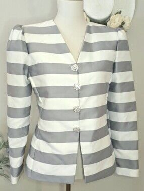 Vintage Karen Laurence Gray White Striped Puff Sleeve Rhinestone Butttons Blazer